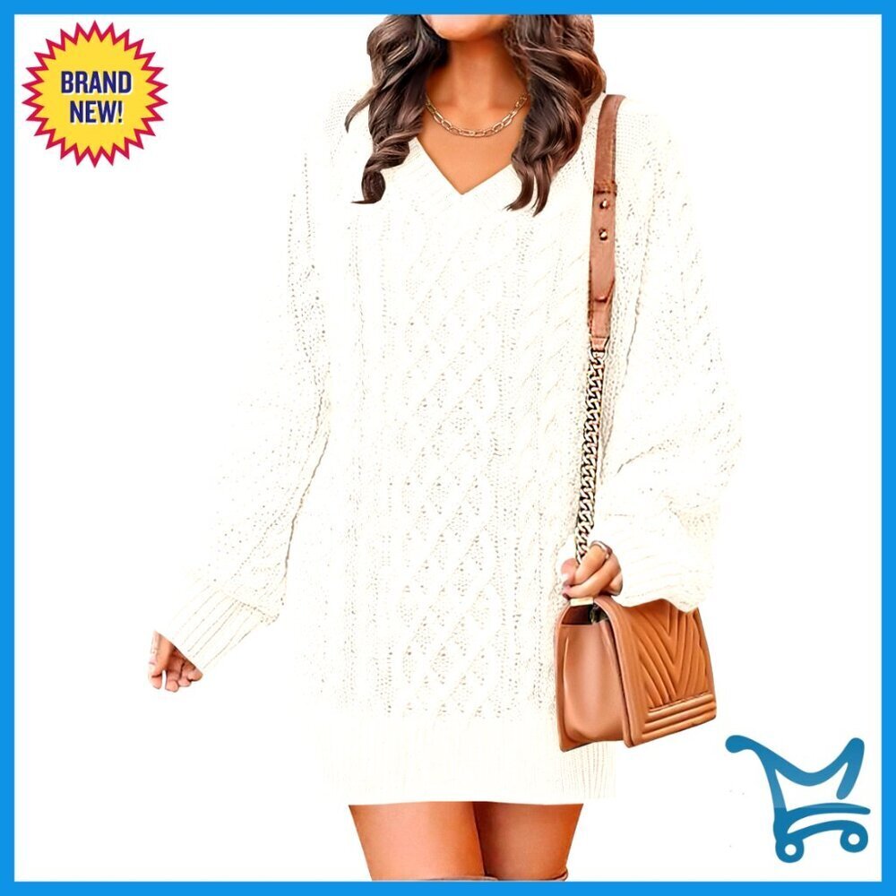 Oversized Cable Knit Sweater Dress, Long Sleeve V-Neck, Size Small, Acrylic